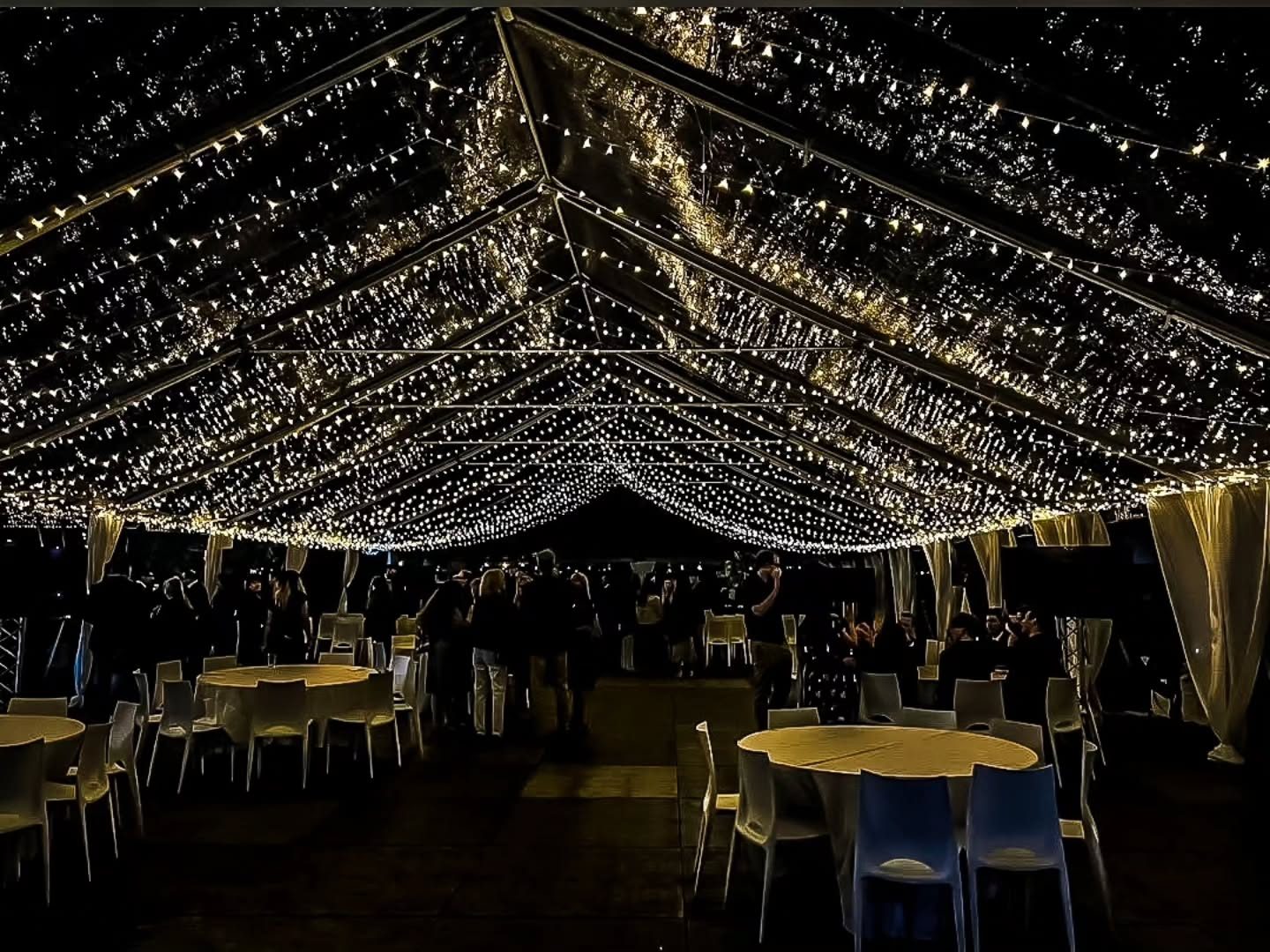 Starry Night ceiling — inside a clear-top tent under a canopy of twinkle lights, by Altitude Event Design and Decor, Tampa Bay
